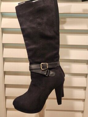 Black High-Heel Knee Boot with Buckle Strap